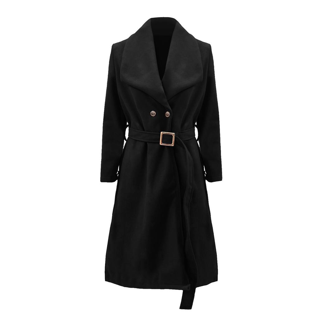 Women's  Winter Long Sleeve Lapel Pocket Casual Coat Belt Woolen Coat