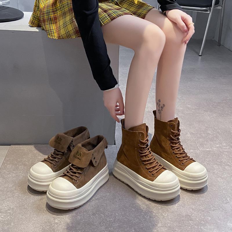 Retro soft leather lapel lace-up platform high-top shoes women's Martin boots 2025 new small height-increasing casual shoes