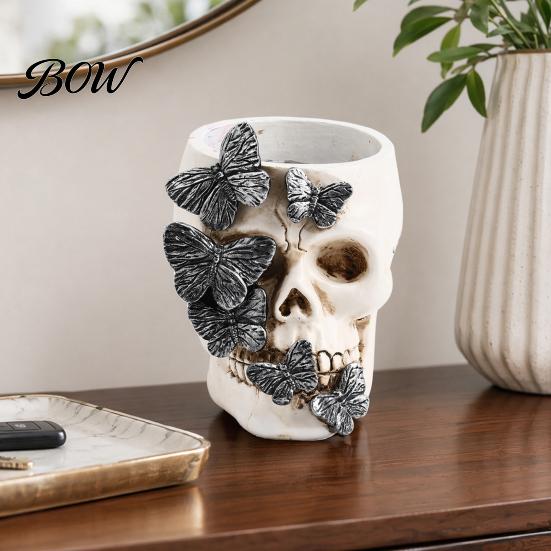 Halloween Themed Desk Item Gothic Skull Pen Holder, Spooky Butterfly Makeup Brush Cup Organizer, Desktop Pencil for Home Office Decor Festive