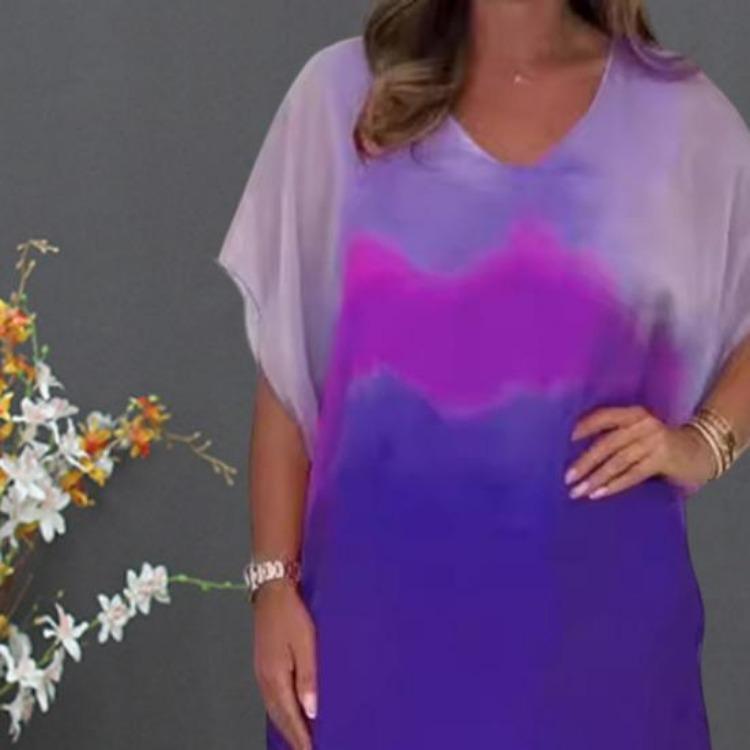 Gradient Printed Womens Chiffon Maxi Dress V Neck Short Sleeve Beach Sundress Casual Loose Long Dress for Summer Holiday