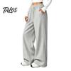 Wrinkle Resistant Casual Pants Women Wide Leg for Fall Winter, Drawstring Elastic Waist Loose Fit Trousers, Solid Color Straight Legs Trousers