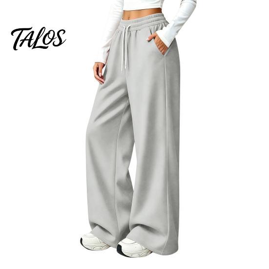Wrinkle Resistant Casual Pants Women Wide Leg for Fall Winter, Drawstring Elastic Waist Loose Fit Trousers, Solid Color Straight Legs Trousers