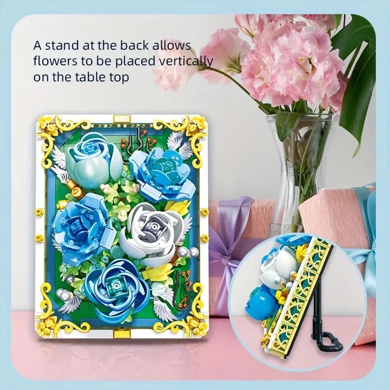 651PCS Preserved Flower Photo Frame Building Blocks Blue White Rose 3D Puzzle Toy DIY Model Bricks Flower Kids Holiday Gifts