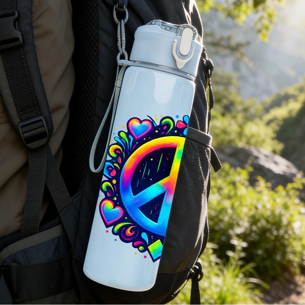 1PC Colorful Peace Sign Flower Wreath 750ml Color Plastic Sports Water Bottle Leakproof Flip Straw Lid Suitable for Sports Office Home Use