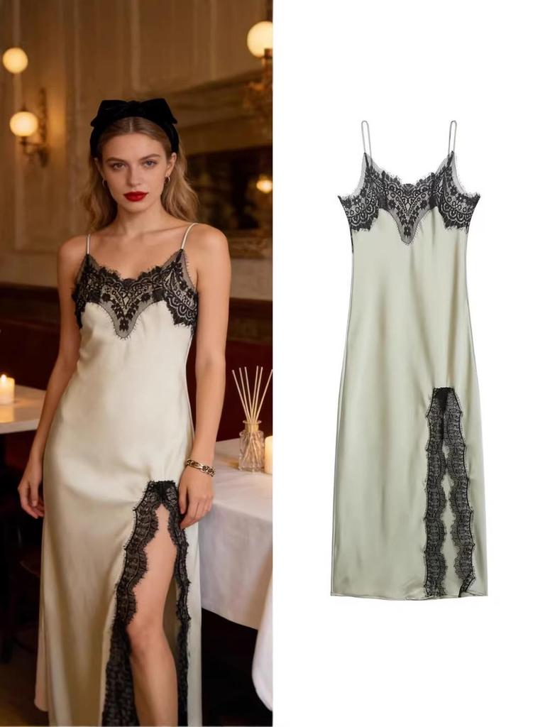 Spring 2026 European & American Lace Trim Camisole Maxi Dress with Sexy Slit