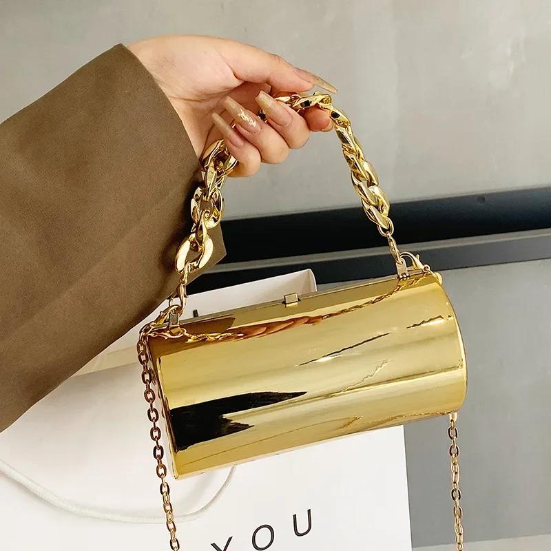 Schoolbag Women's Silver Handbag Bags For 2026 Party Clutches Fashion Cylinder Mini Evening Purse Crossbody Shoulder Bag Gold Box Clutch