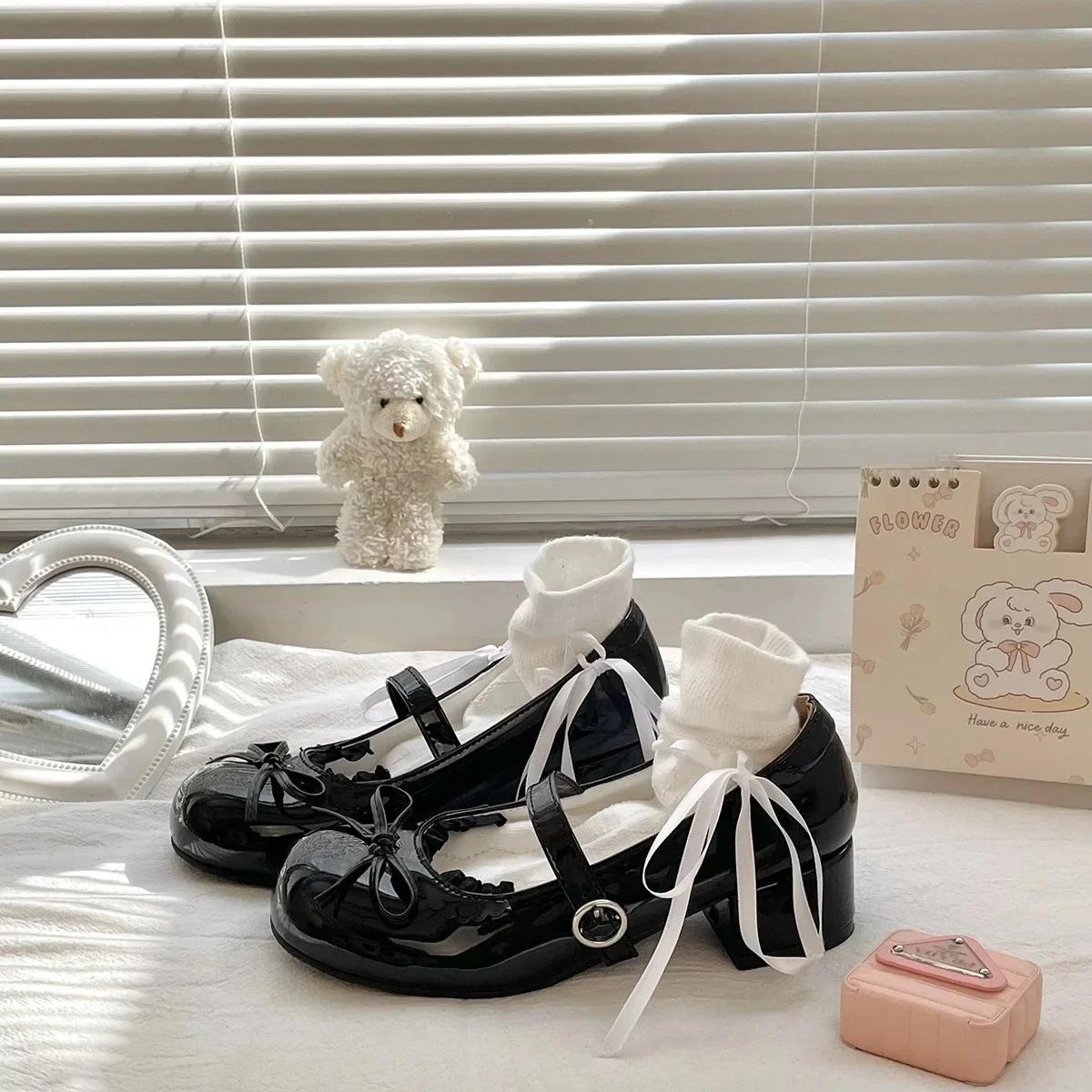 

Летняя серия цветов мороженого Лолита Женские туфли Мэри Джейн до середины икры Круглый носок Плоский каблук Сладкий стиль Обувь 40 чёрный