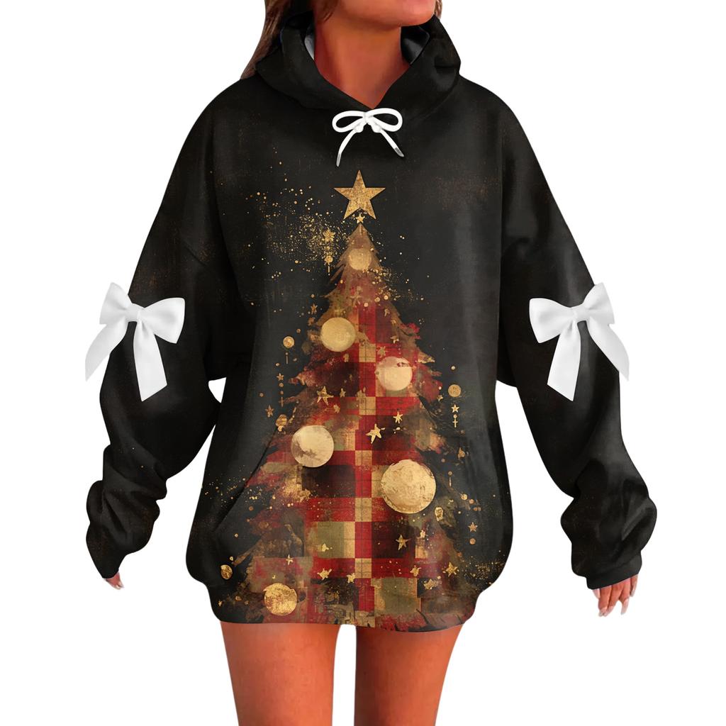 Ladies' Christmas Printed Bow Long Sleeved Loose Fitting Headband With Rope Hooded Sweatshirt Top
