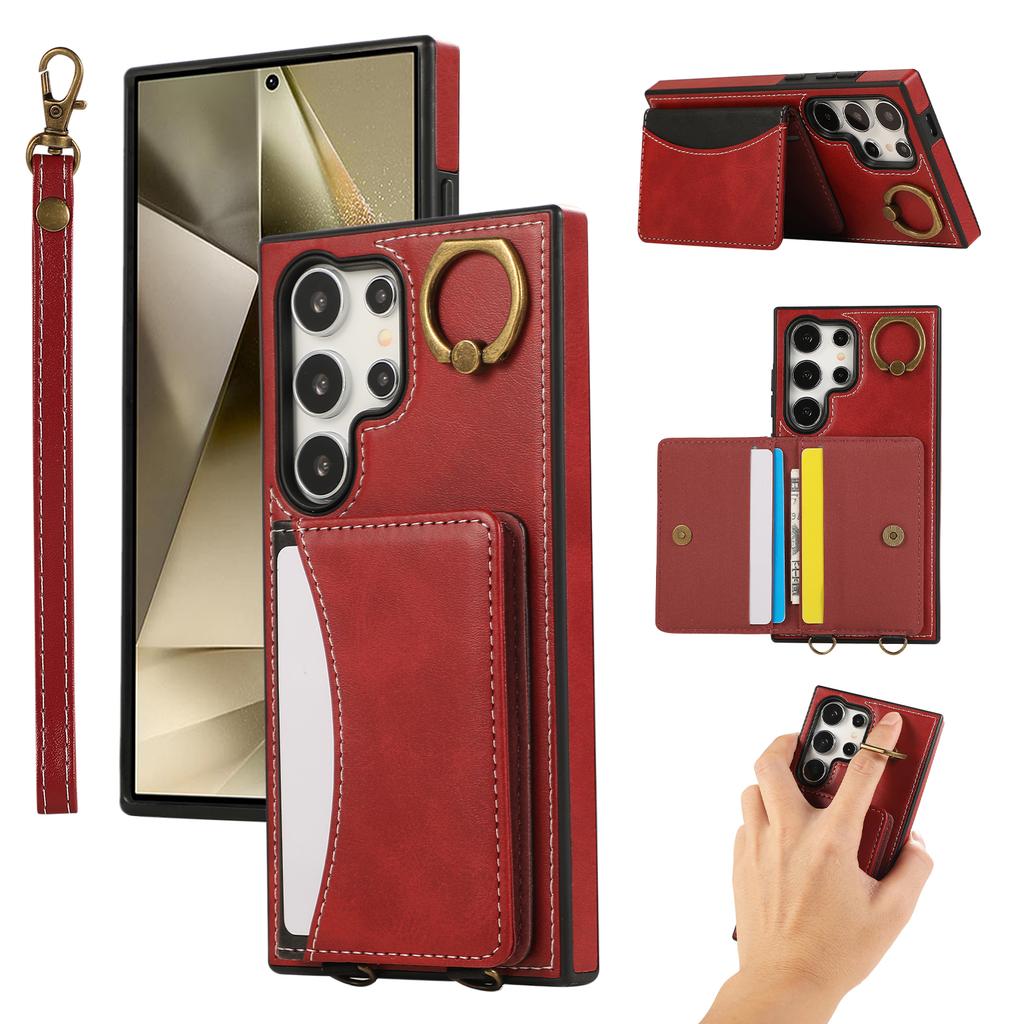 For Samsung Galaxy S24 Ultra PU Leather Back Case Card Holder Kickstand Phone Cover with Wrist Strap