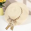 Beige Wide Brim Straw Sun Hat Foldable Polka Dot Bow Ribbon UV Protection for Summer Pool Party Travel Use