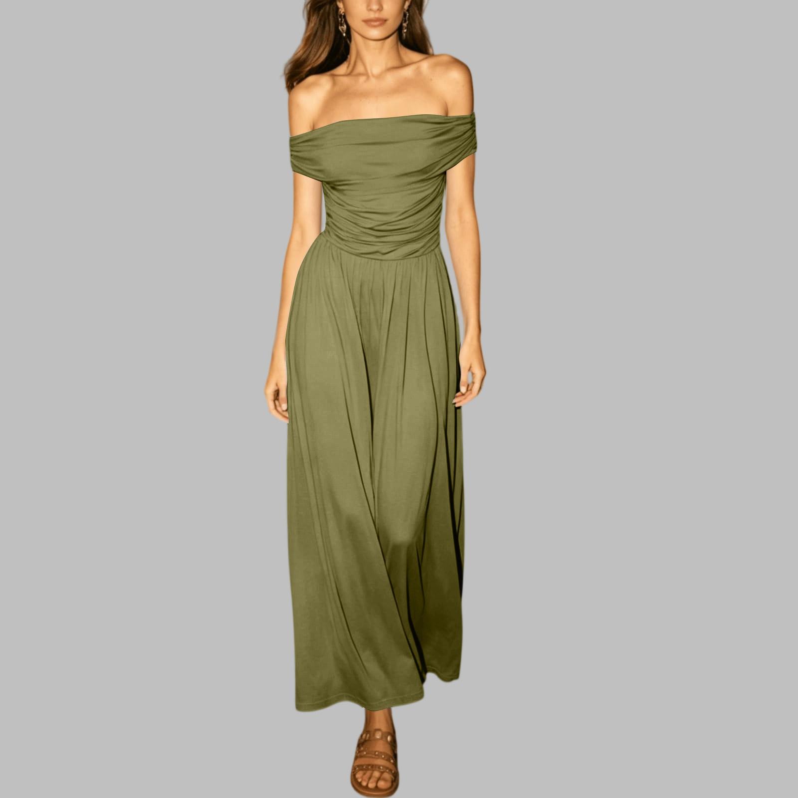 Women s Off-Shoulder Maxi Dress with Pleated Waist and Fitted XXL