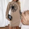 Women's Autumn Solid Color Flower Printed Knitted Sweater Dress Casual Temperament Half Turtleneck Knit Skirt