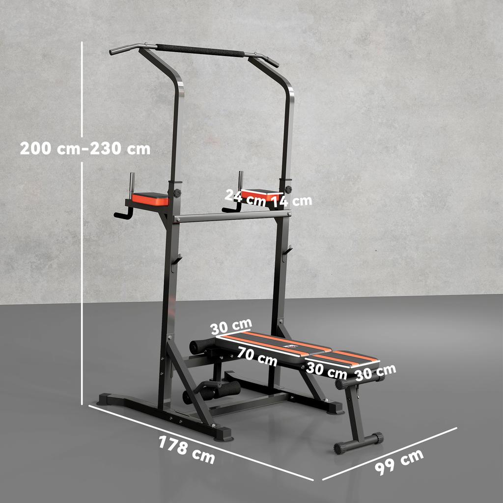 Folding Power Tower, Multifunction Fitness Station Adjustable In 7 Positions with Pull-Up Bar, Dip Station, Pull UP Station and Flat Bench In Steel