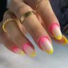 New Style Gradient Almond Press-On Nails: Pink & Yellow Duo-Tone Mandarin Duck Design.