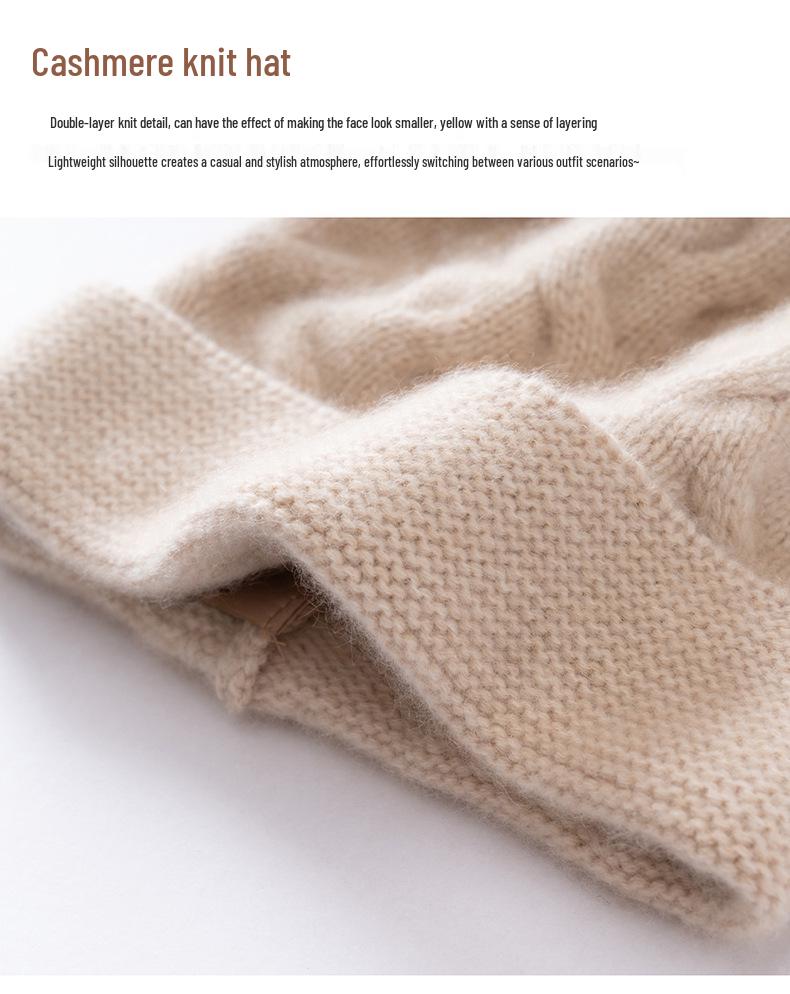Women's 100% Pure Cashmere Cable Knit Pom-Pom Hat with Ear Protection - Stylish and Warm Head Wrap