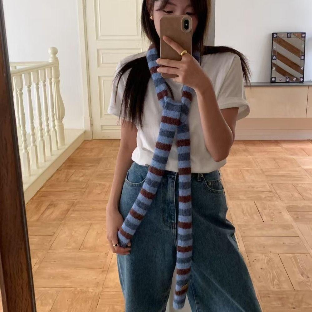 Black Grey Stripe Women Long Scarves Cotton Y2K Girl Scarf Fashion Thin Scarf  Fashion Streetwear