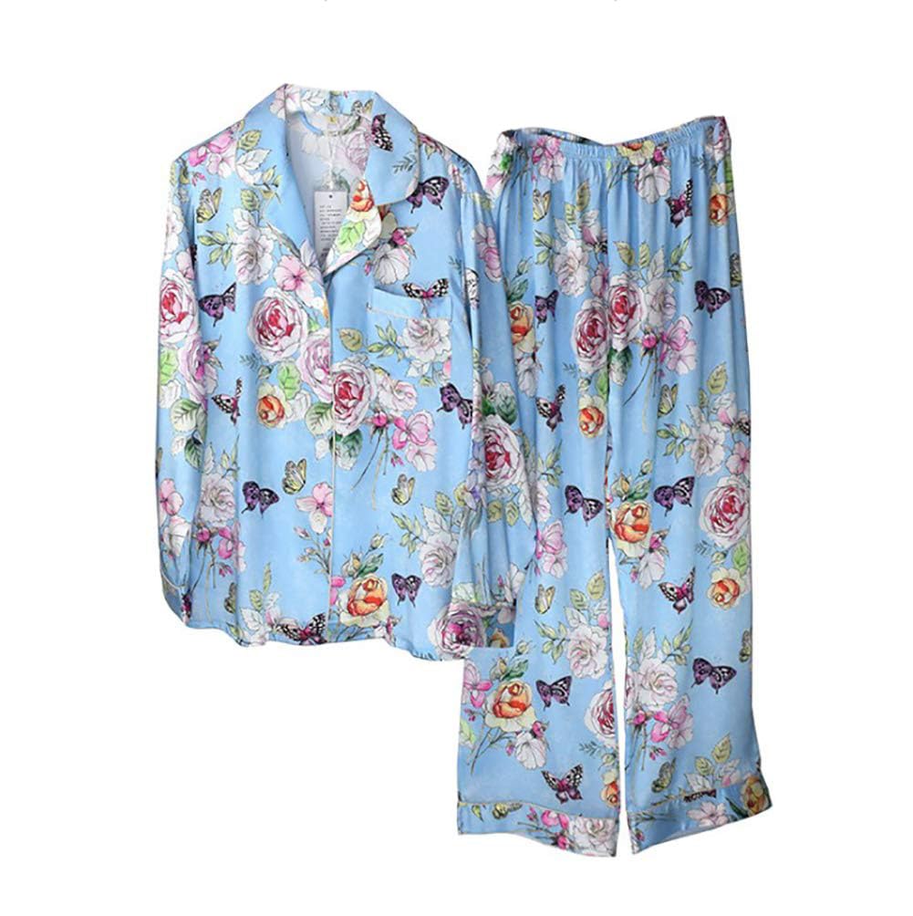 

MAYUDAMA Silk Silk Happy Rose Floral Long Set Pajamas, 100% Silk, Elegant, Romantic, Print, Sleeve, Women s, Spring/Autumn, 2-Piece (M, Blue) синий