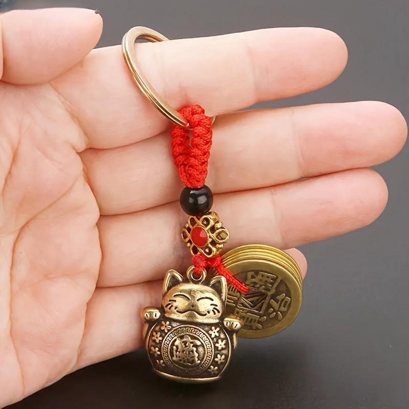 Brass Maneki Neko Lucky Cat Keychain with Feng Shui Coins, Feng Shui Chinese Good Luck Charm Keychain Hanging Ornament Xmas Gift