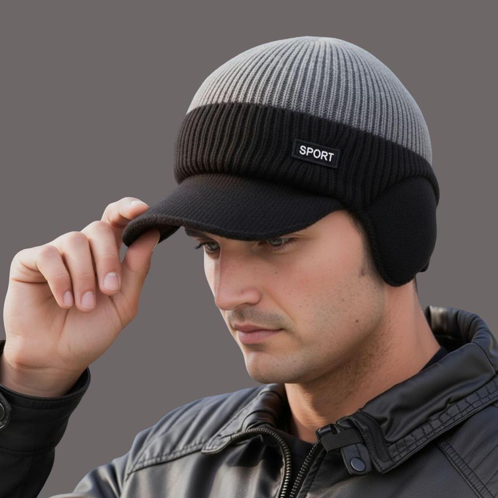 Men's Winter Ear Protection Fleece-Lined Wool Hat - Knitted Duckbill Design, Outdoor Color Block Warmth.
