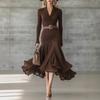 Damen Herbst Einfarbige Patchwork V-Ausschnitt Langarm Kleid Langes Kleid Großes Schwingkleid
