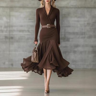 Women'S Autumn Solid Color Splicing V-Neck Long Sleeve Dress Long Dress Large Swing Dress
