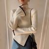 Women Fall Winter Sweater High Collar Neck Protection Knitted Irregular Split Hem Solid Color Long Sleeve Elastic Soft Warm Pullover Lady Top