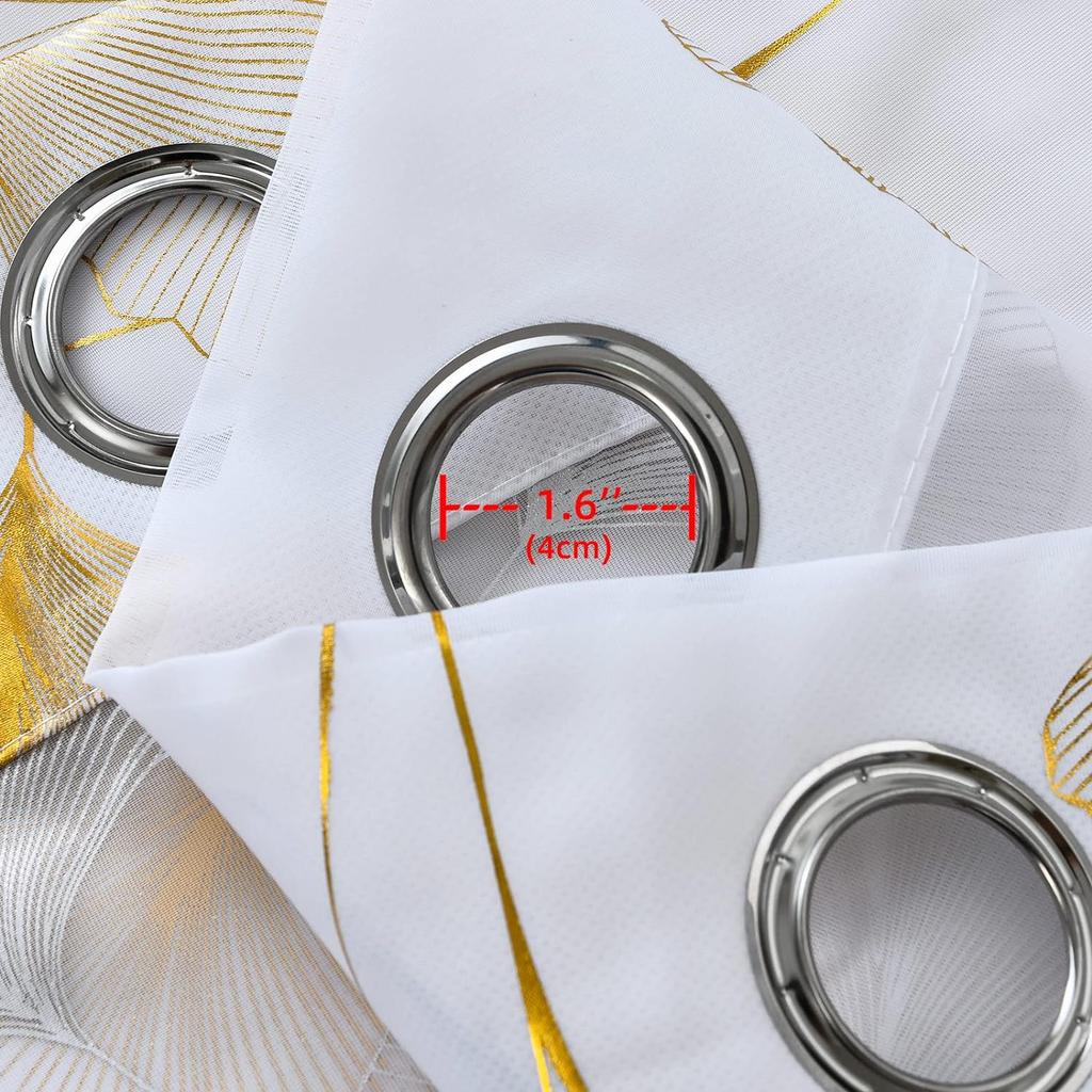 Gold Foil Print Voile Sheer Curtains, Leaves Grommet Top Window Drapes 96 Inches Long, Luxury Metallic Bronzing Treatment Panels