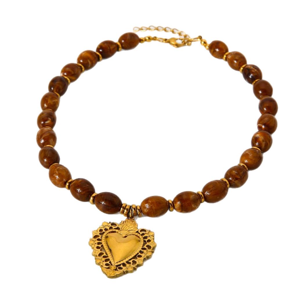 European and American retro acrylic brown beaded electroplating 18K stainless steel heart pendant necklace accessories women