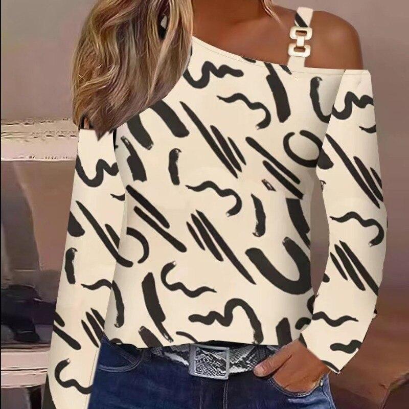 Autumn Fashion Metal Buckle Skew Collar Shirt Women Print Blouse Sexy Off Shoulder Tops Long Sleeve Clothes Blusas 29306