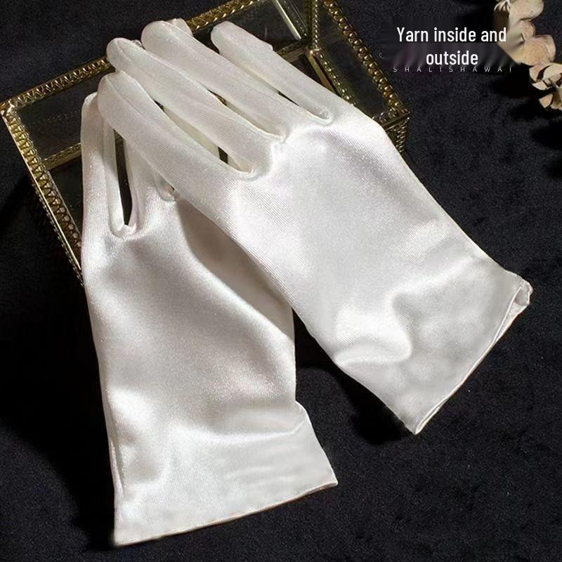 New Hepburn-Style Pearl Satin Bridal Gloves: Elegant White Princess Accessory for Photos