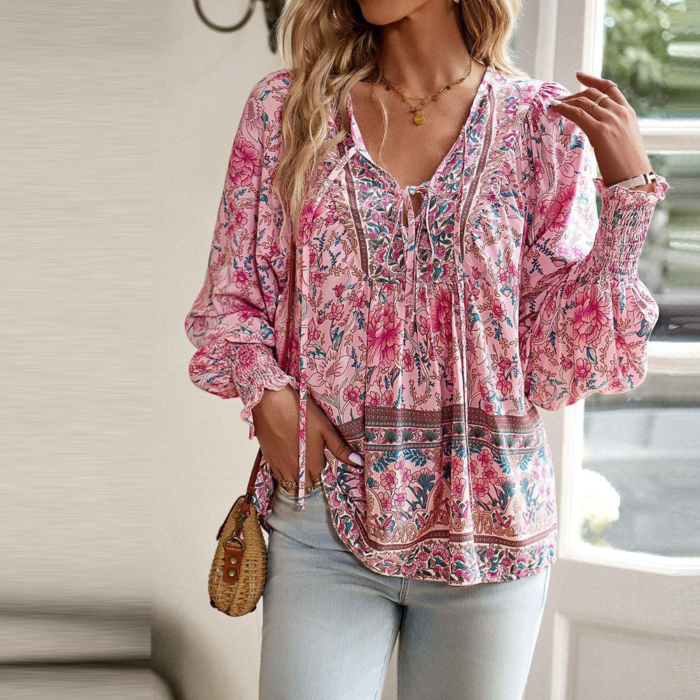 

Women s Blouses Trend Spring Summer Bohemian Vacation Style Printed V-Neck Lace Up Long Sleeved Shirt for Women S рожевий
