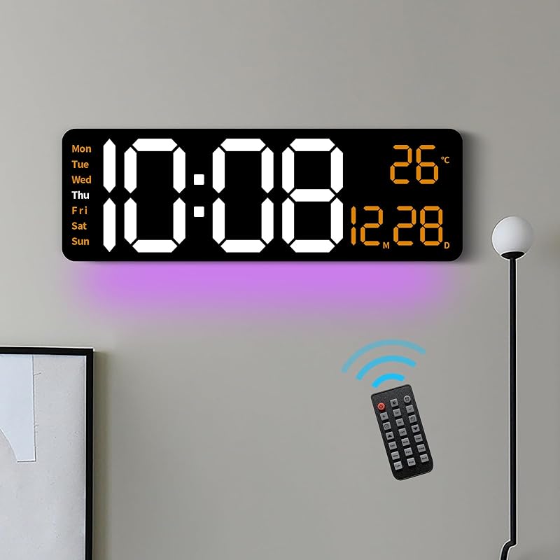 14.3" Digital Wall Clock with Remote Control, Large Display, LED Clock for Living Room, Bedroom, Auto-Dimming, 9 Color Night Light, Auto DST, Date,