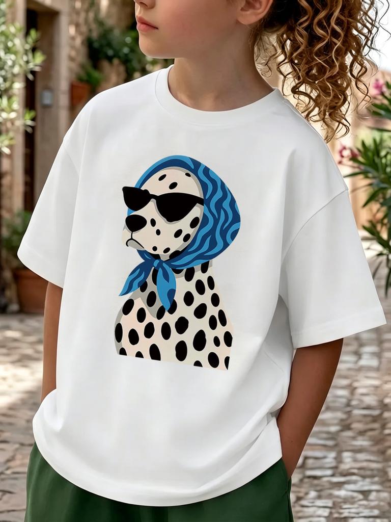Fashion HandPainted Style Dalmatian Print Headscarf Glasses dog Summer Boys Girls T Shirt Kids Baby Youth Unisex Unisex Tee Cotton