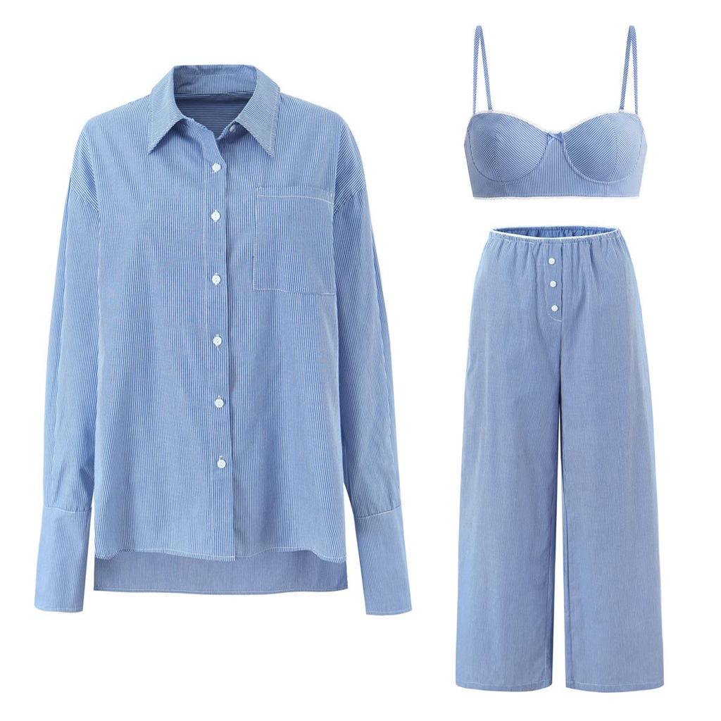 Women's Striped Casual Set: Relaxed Fit Long-Sleeved Shirt, Camisole, and Wide-Leg Pants (Long/Short Options)