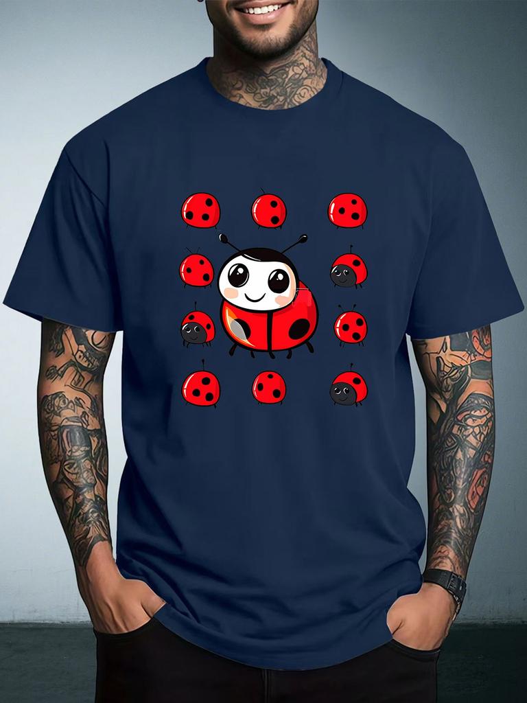 Men Summer Loose T Shirt Cute Cartoon Ladybug Graphic Tee Casual Hip Hop Short Sleeve Streetwear Fashion Oversized Top