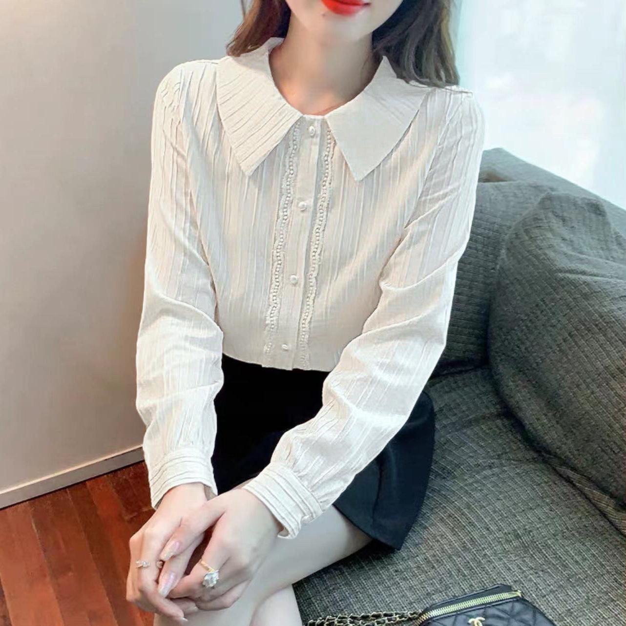 

Осень 2024 Женская блузка из шифона с длинным рукавом и воротником Питер Пэн - Универсальный и модный кардиган-топ M белый