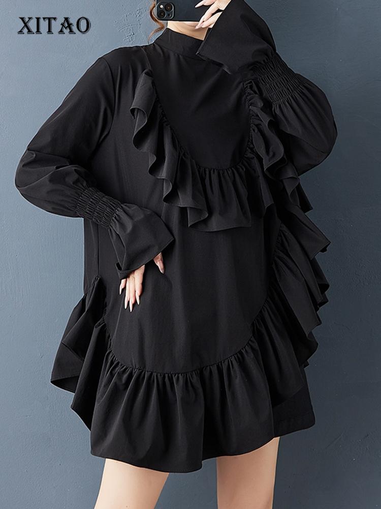 Xitao Autumn Asymmetrical Long Sleeve Black Dress GJ1251