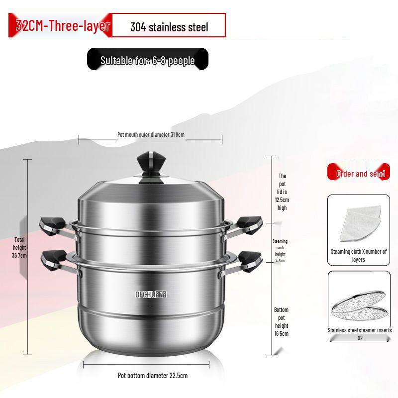 Large 304 Stainless Steel Three-Layer Household Steamer for Induction and Gas Stoves