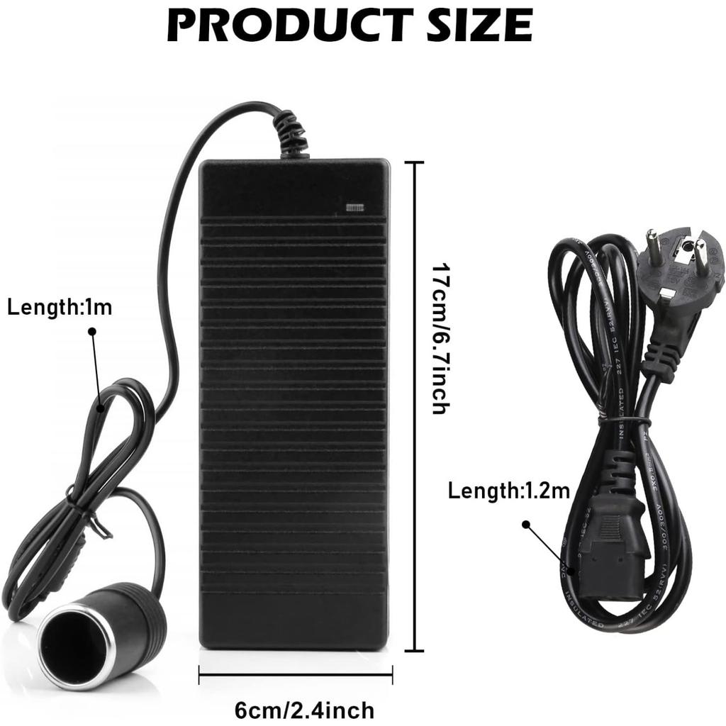 Convertitore adattatore di alimentazione per auto, convertitore di tensione, adattatore da 230 V a 12 V per raddrizzatore per frigorifero con presa accendisigari per lampade a LED e ventilatori