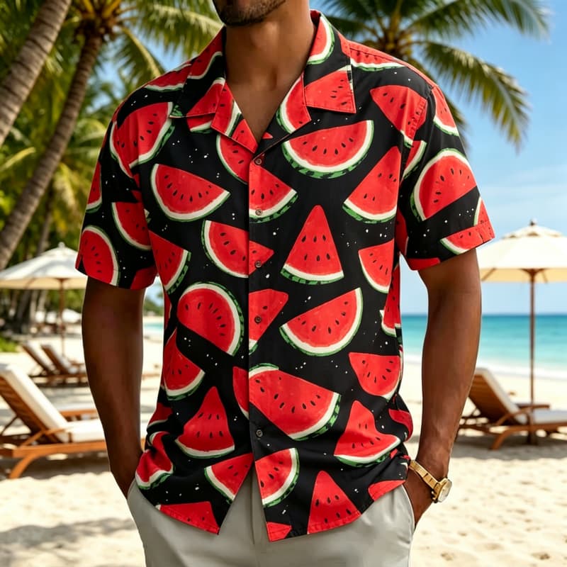 Herren Hawaiihemd mit erfrischendem und buntem Frischfrucht-Print, für Sommerreisen, Freizeit und Streetwear