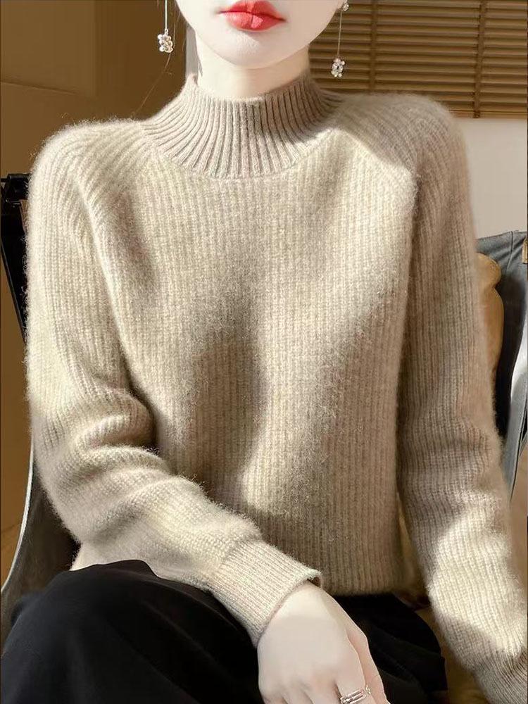 Heavyweight Women's Thickened Wool Sweater, Half-High Neck, Western Style, 2025 Loose Knitwear.