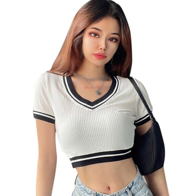 :Short Slim T-shirt For Women Short-sleeved Tops Summer Solid Color Shirt