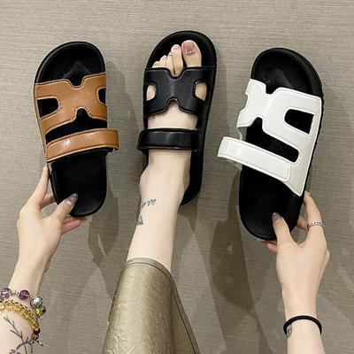 Summer New Slippers Women's Wear Casual Flat Bottom Word Velcro Fashion Large Size Color Matching Beach Sandals