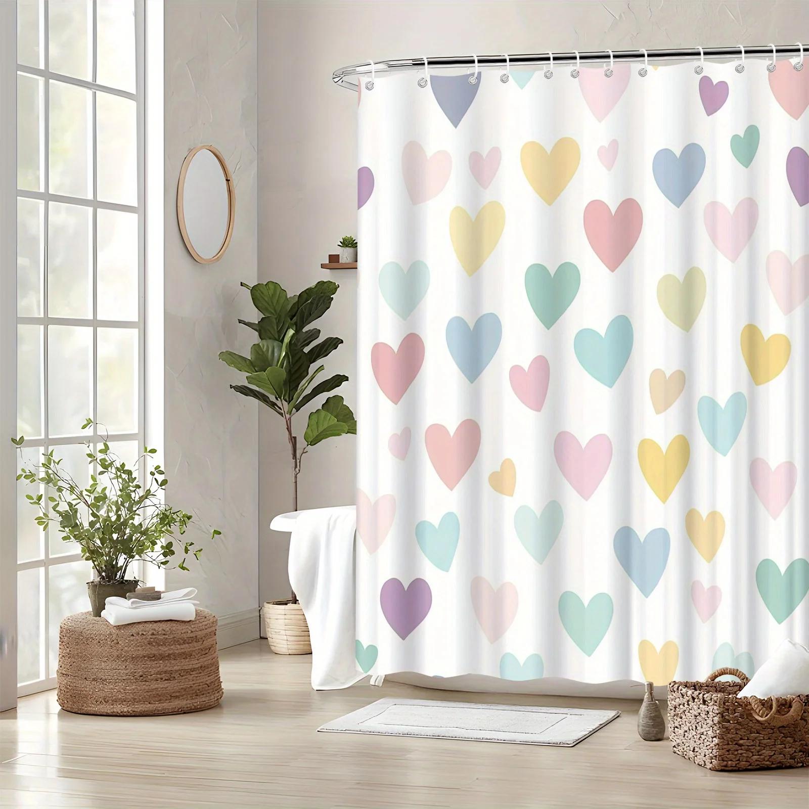

Pastel Heart Shower Curtain - Playful Watercolor Hearts In Pink, Yellow, Blue, Green, Purple,Whimsical Design W60H190(CM)-1 Pcs