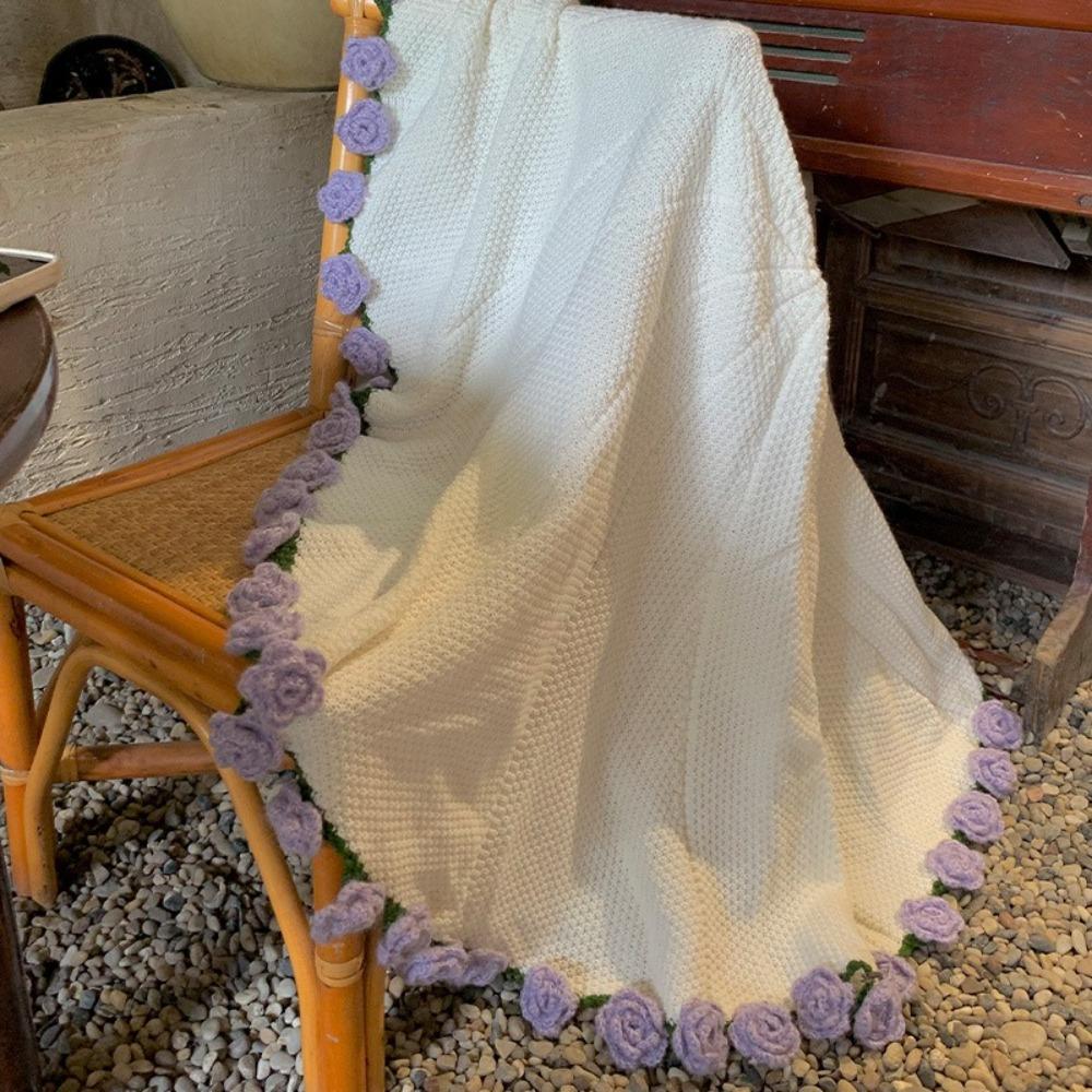 Finished Knitted Flower Blanket Crochet Rose Nap Blanket  For Girlfriend and Mom Gift