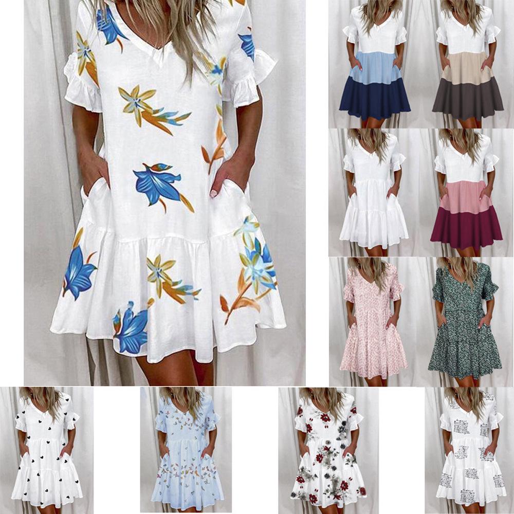 2025 European and American Women's Ruffle Pocket Printed Dress