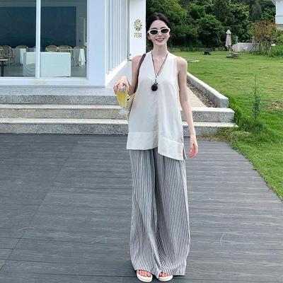 Summer French V-neck Vest & Striped Wide-leg Pants Set