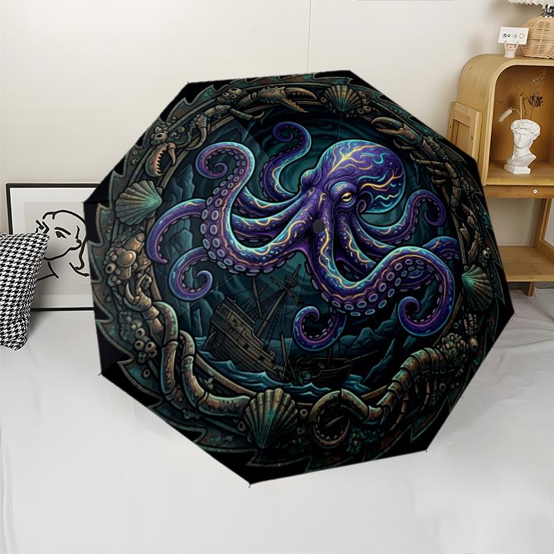 Oceanic Kraken Legend pattern umbrella, portable and foldable design, 8 ribs, a casual accessory for Halloween, Christmas, and birthday gifts.