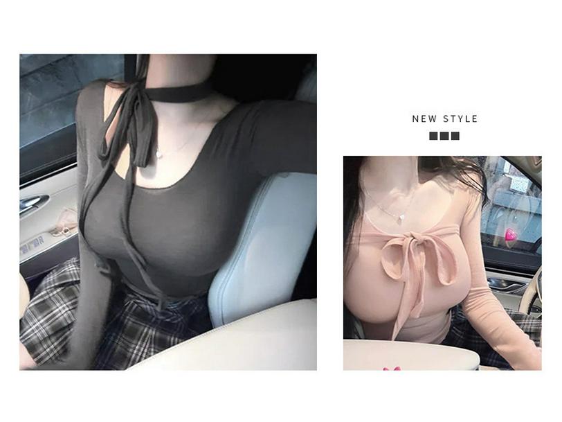 Korean Dongdaemun U-Neck Figure-Flattering Long-Sleeve Slim Fit T-Shirt for Women