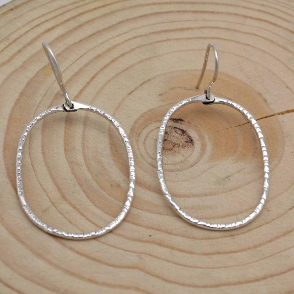 925 Sterling Silver Hammered Earrings, Handmade Oval Hoop Studs Earrings, Gift For Her
